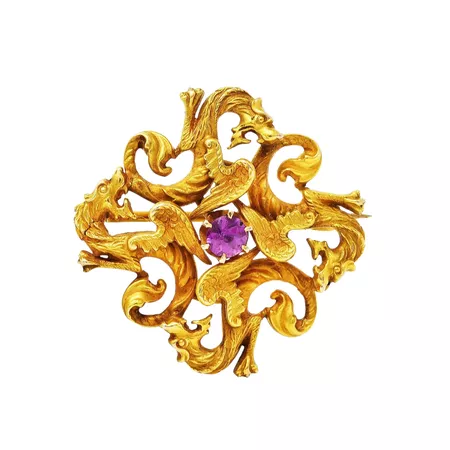 Art Nouveau Spinel 14 Karat Gold Dragon Brooch : Wilson's Estate Jewelry | Ruby Lane