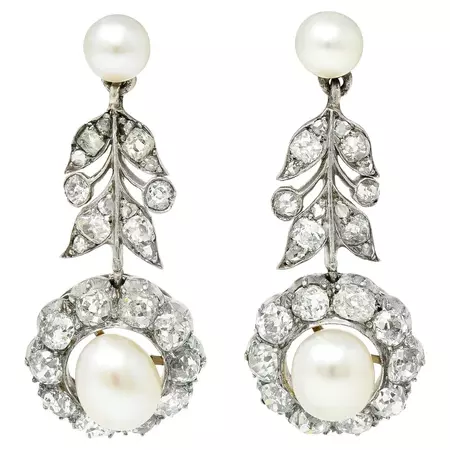 Edwardian 4.10 Carats Old Mine Cut Diamond Natural Saltwater Pearl Gold Earrings For Sale at 1stDibs
