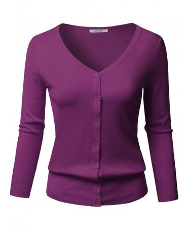 Women's Solid Button Down V-Neck 3/4 Sleeves Knit Cardigan | 16 Purple