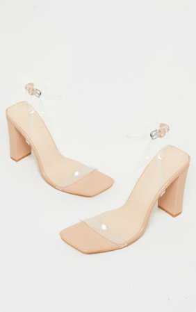 Nude Flat Block Heel Square Toe Clear Strap Sandal | PrettyLittleThing