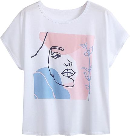 Romwe Women's Graphic Printed Cartoon Portrait Short Sleeve Casual T-Shirt Top at Amazon Women’s Clothing store