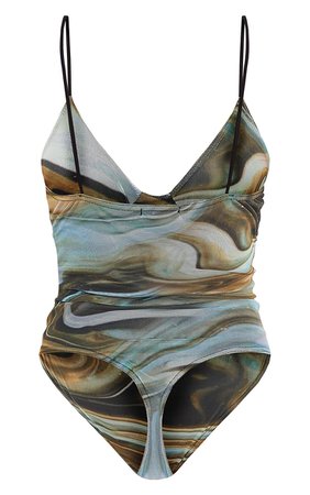 Green Mesh Swirl Print Cup Detail Bodysuit | PrettyLittleThing USA