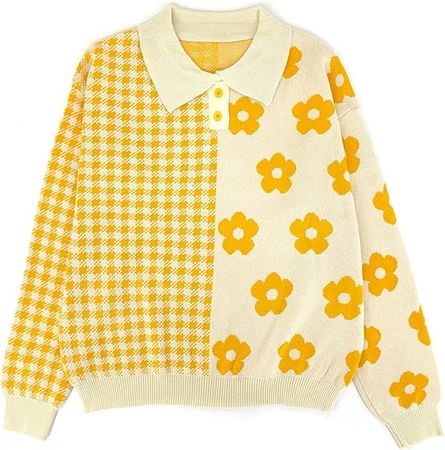 YEMOCILE Womens Kawaii Color Block Sweaters Cute Plaid Collared Pullover Jumper Sweatshirts Yellow at Amazon Women’s Clothing store