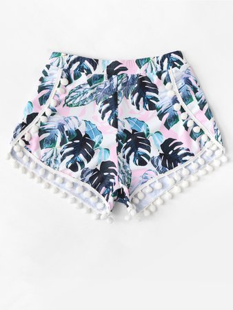 Pom Pom Trim Tropical Swim Cover Up Shorts