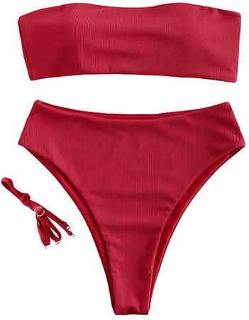 Amazon.com: ZAFUL Women's Strapless Ribbed Lace Up High Cut Two Piece Bandeau Bikini Set (Black, M) : Clothing, Shoes & Jewelry
