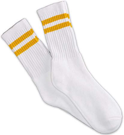 12 Pairs white unisex crew socks with two mustard yellow stripes classic retro old school at Amazon Men’s Clothing store