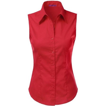 Red sleeveless button up shirt