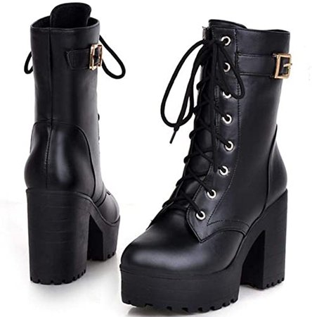 Amazon.com | TAONEEF Women Fashion Chunky High Heel Combat Boots Lace Up Platform Boots Ankle High Black Size 33 Asian | Knee-High