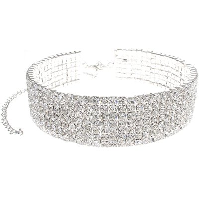 7 Row Large Silver & Diamante Crystal Statement Choker Necklace