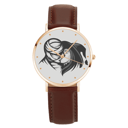 Unisex Halloween Kiss Rose Goldtone Watch Brown Leather Strap 40mm