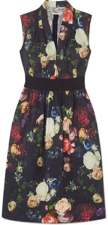 Grosgrain-trimmed Floral-print Cotton-blend Poplin Dress - Black