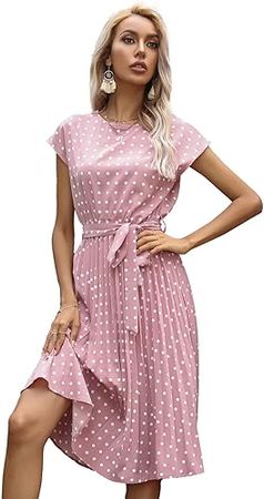 Anna-Kaci Women Short Sleeve RuffleTrim Polka Dot Casual Swing T Shirt Midi Dress Knee Length at Amazon Women’s Clothing store