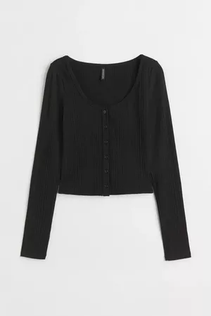 Button-front Ribbed Top - Black - Ladies | H&M US