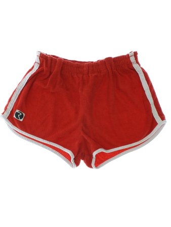 Retro 1970s Shorts: 70s -Catalina- Mens burnt orange background with white piped trim design polyester and cotton terry cloth gym shorts with elastic waistline, notched side vent hems and inner right hip key pocket.