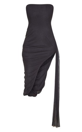 Black Mesh Bandeau Drape Split Midi Dress | PrettyLittleThing