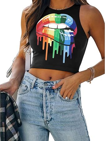 Tank Top for Women, Crop Tops Summer Sleeveless Casual Basic Tank Athletic Sexy Cropped Shirts (White Mouth 2XL) at Amazon Women’s Clothing store