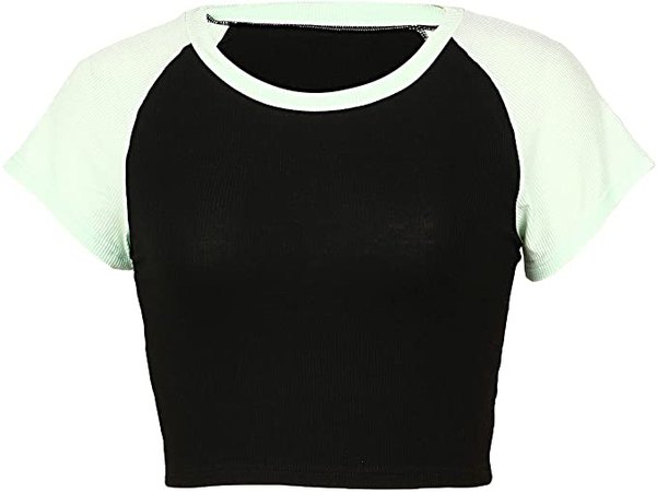 Women's Y2k Color Block Patchwork Crop Top Short Sleeve T-Shirt 90s E-Girl Crewneck Kawaii Kuromi Streetwear (H Black + Green, S) at Amazon Women’s Clothing store