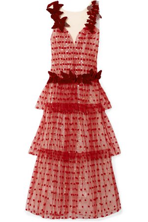 Rodarte | Velvet-trimmed appliquéd layered tulle gown | NET-A-PORTER.COM