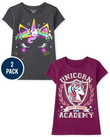 Girls Short Sleeve 'Unicorn Academy' And Soccer Unicorn Graphic Tee 2-Pack | The Children's Place - MULTI CLR