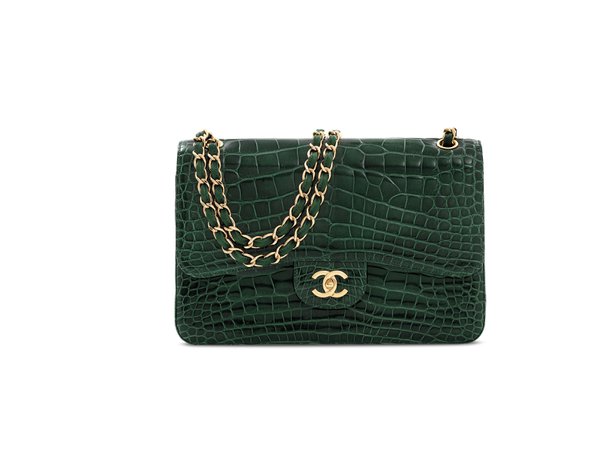 Chanel, SHINY EMERALD GREEN ALLIGATOR JUMBO DOUBLE FLAP BAG WITH GOLD HARDWARE