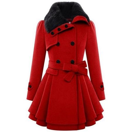 Red Wool Pea Coat Faux Black Fur
