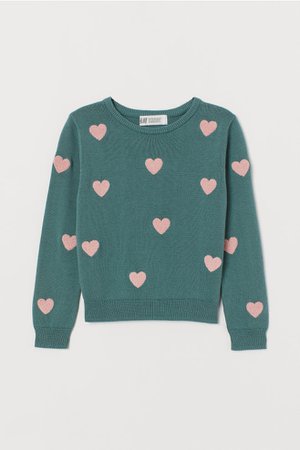 Fine-knit Cotton Sweater - Green/hearts - Kids | H&M US