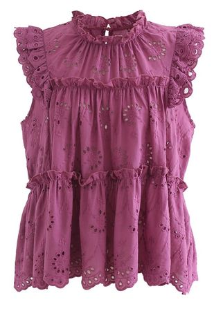 Eyelet Embroidered Flared Sleeveless Top in Plum - Retro, Indie and Unique Fashion
