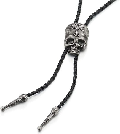 Amazon.com: Punk Rock Vintage Cross Skull Bolo Tie Necktie, Lariat Rodeo Long Y Necklace, Black Braided Leather: Clothing