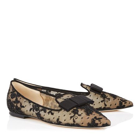 Black Floral Lace Pointy Toe Flats | GALA | Cruise 19 | JIMMY CHOO