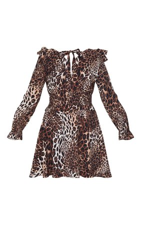 Beige Leopard Print Bow Detail Shirred Waist Shift Mini Dress | PrettyLittleThing USA