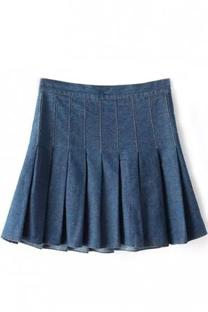 Blue Side Zipper Pleated Denim Mini Skirt - Beautifulhalo.com