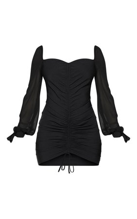 Black Chiffon Tie Sleeve Ruched Bodycon Dress | PrettyLittleThing USA