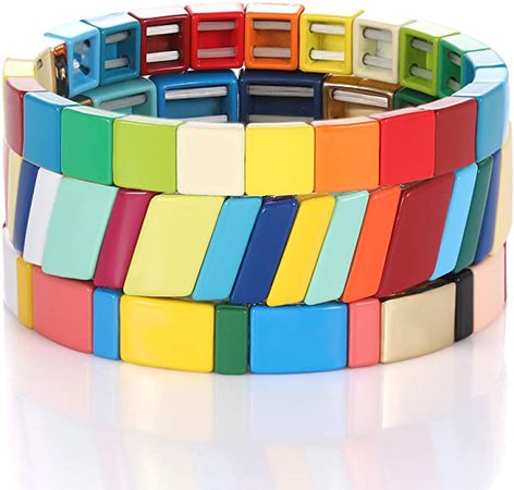 Amazon.com: Enamel Tile Bracelet Set for Women Rainbow Color-Block Tile Beaded Strand Bracelet Colorful Enameled Stretch Bracelet Bohemian Tile Bangle Bracelet for Men (Colorful Candy Style): Jewelry