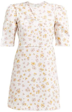 Puffed Sleeve Floral Print Cotton Mini Dress - Womens - Ivory Multi