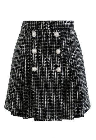 Pearl Button Check Tweed Mini Skirt in Black - Retro, Indie and Unique Fashion