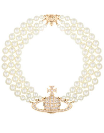 Vivienne Westwood Three Row Pearl Bas Relief Choker Gold