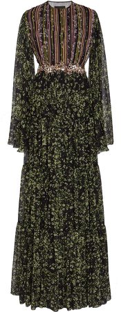 Embellished Floral-Print Silk-Georgette Maxi Dress