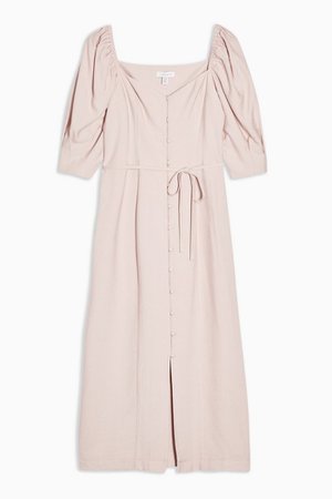 Blush Pink Linen Blend Puff Sleeve Midi Dress | Topshop