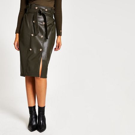 Khaki faux leather paperbag midi skirt | River Island