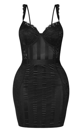 Shape Black Lace Mesh Stripe Strappy Bodycon Dress | PrettyLittleThing