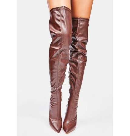 Vegan Leather Thigh High Stiletto Boots - Brown | Dolls Kill