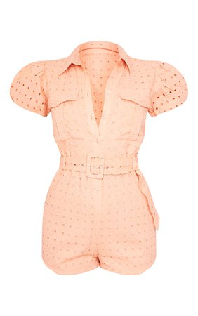 Peach Broderie Anglaise Belted Shirt Playsuit | PrettyLittleThing USA