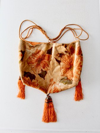 Vintage velvet handbag floral drawstring tassel pouch bag | Etsy