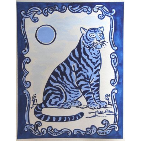 Delft Blue Leopard in Classic Border by Cleo Plowden | Chairish