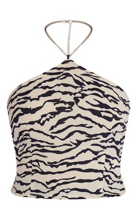 Mono Zebra Printed Chain Tie Point Hem Crop Top | PrettyLittleThing