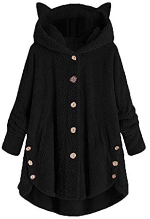 Amazon.com: ZANFUN Women Jacket Winter Fashion Cute Cat Ears Hooded Plush Coat Solid Casual Button Tops Loose Plus Size Sweater: Clothing