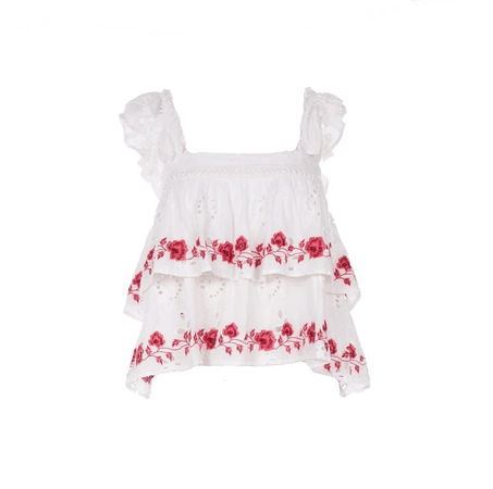 white embroidered ruffle crop top with red flowers