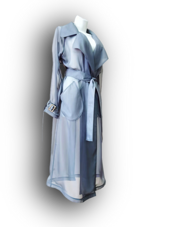pastel blue Classic chiffon trench Coat. Wedding clothing. Double- breasted chiffon coat design clothes.