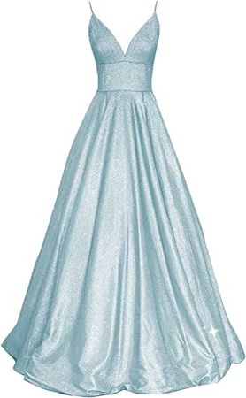 OYISHA Women's Glitter Satin Prom Dresses Long 2021 with Pockets V-Neck Formal Evening Gown HP09 at Amazon Women’s Clothing store