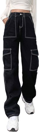 SHOYY Y2k High Waisted Jeans Women Casual Long Trousers Loose Straight Black Denim Jeans with Big Pockets (Black, S) at Amazon Women's Jeans store